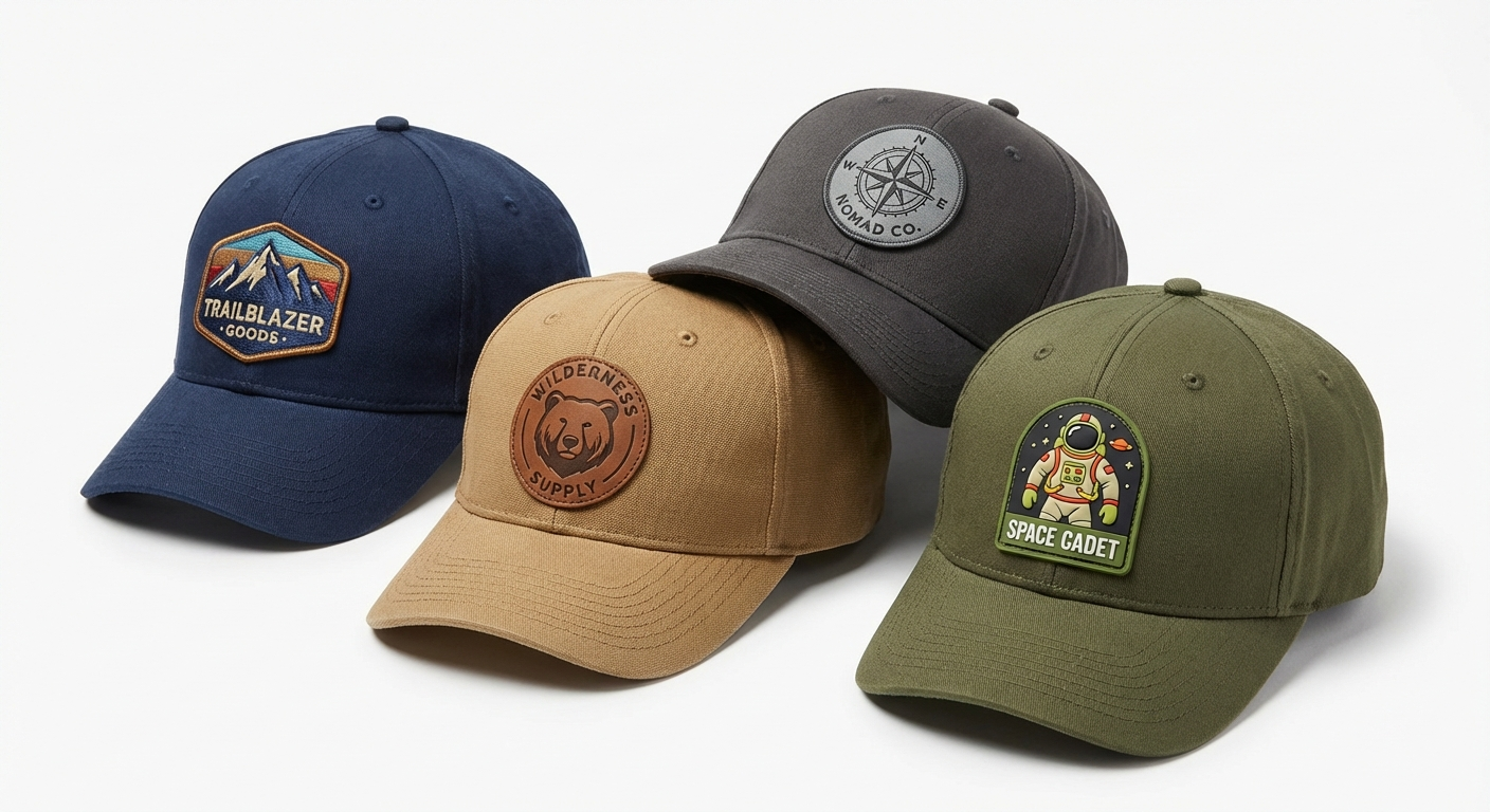 Custom patches for hats showing embroidered, woven, leather, and PVC patch types on baseball caps