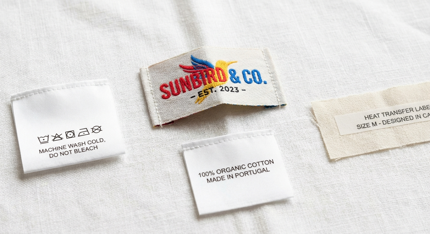 Different clothing label types including woven labels, printed cotton labels, satin labels, and heat transfer labels arranged for comparison