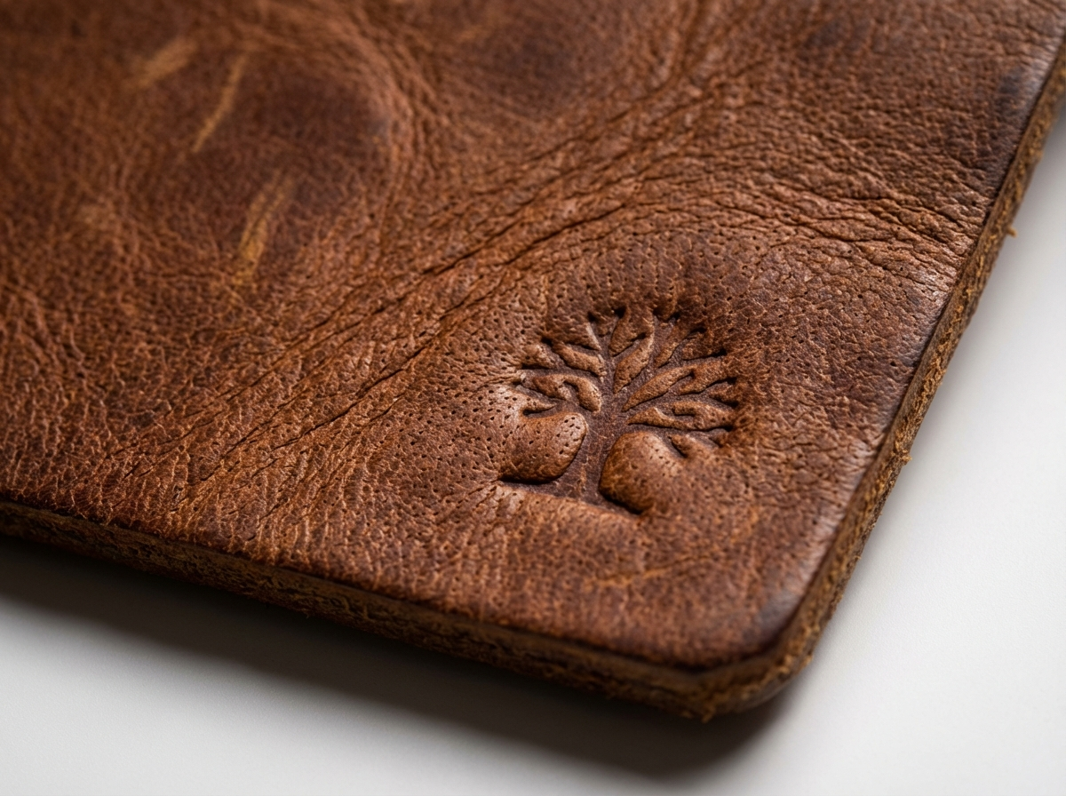 Close-up of genuine leather patch with natural grain texture and debossed brand logo