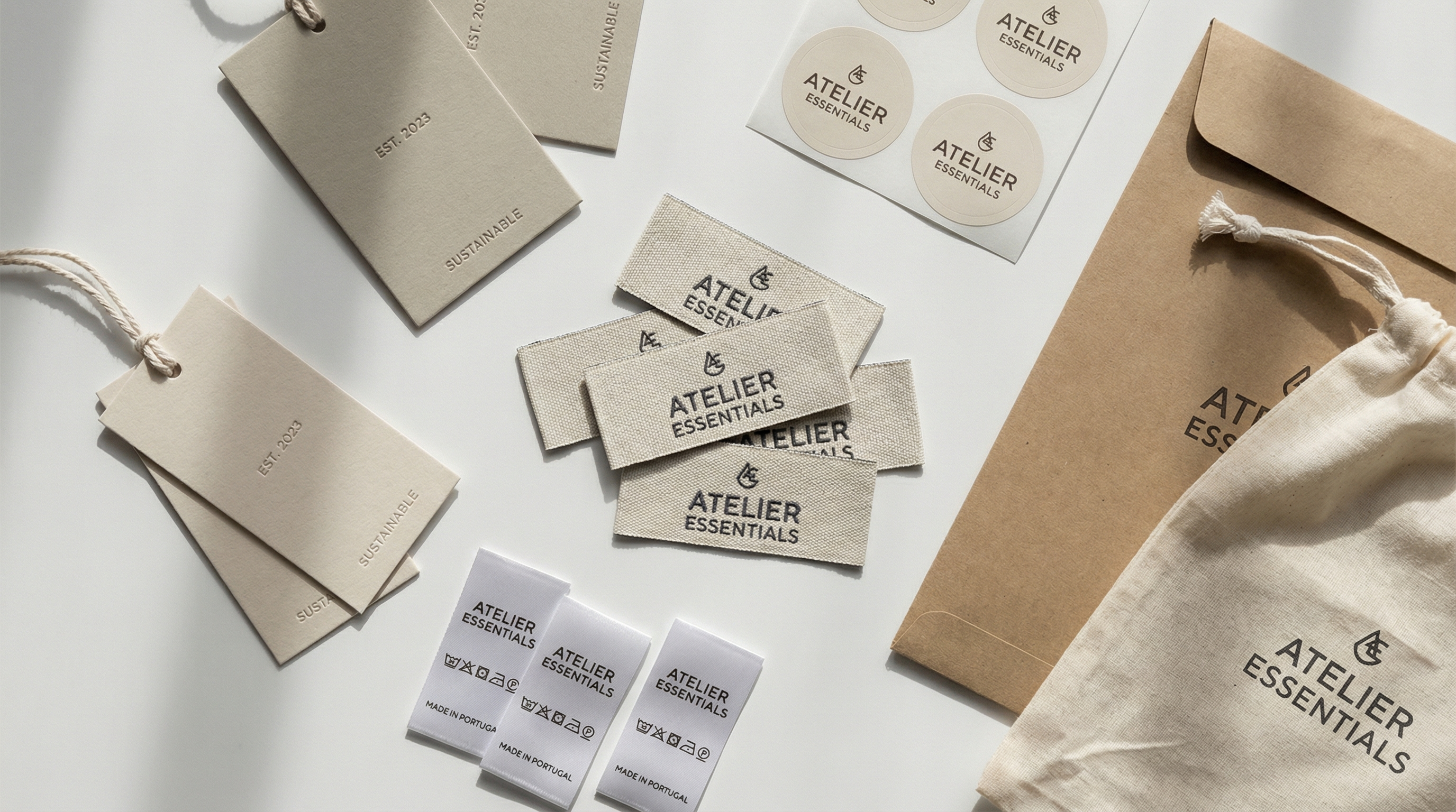 Essential clothing line branding elements including woven labels hang tags and packaging materials