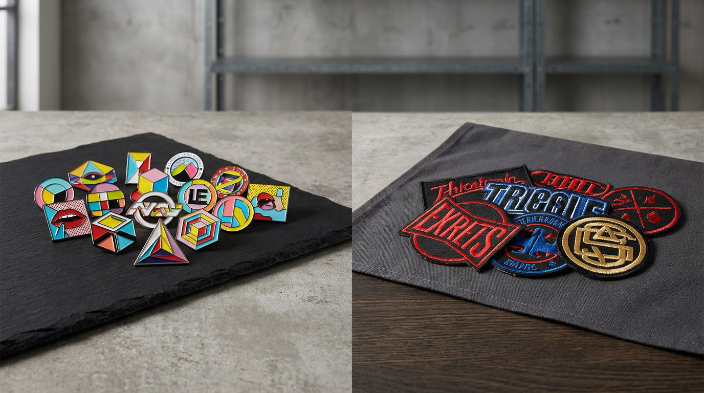 Custom pins vs patches comparison showing branding accessories for streetwear and professional applications