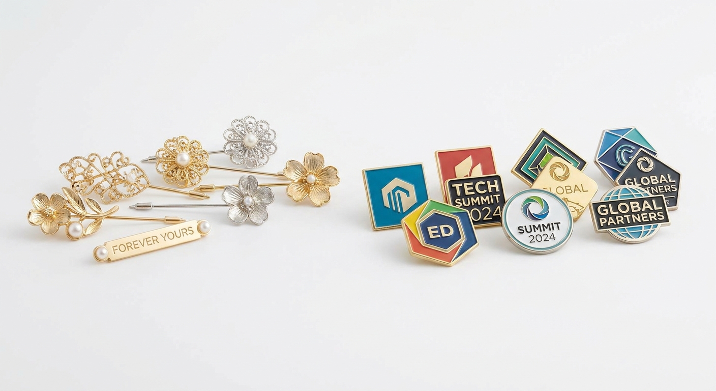 Elegant wedding pins and promotional event pins showing variety of styles and applications