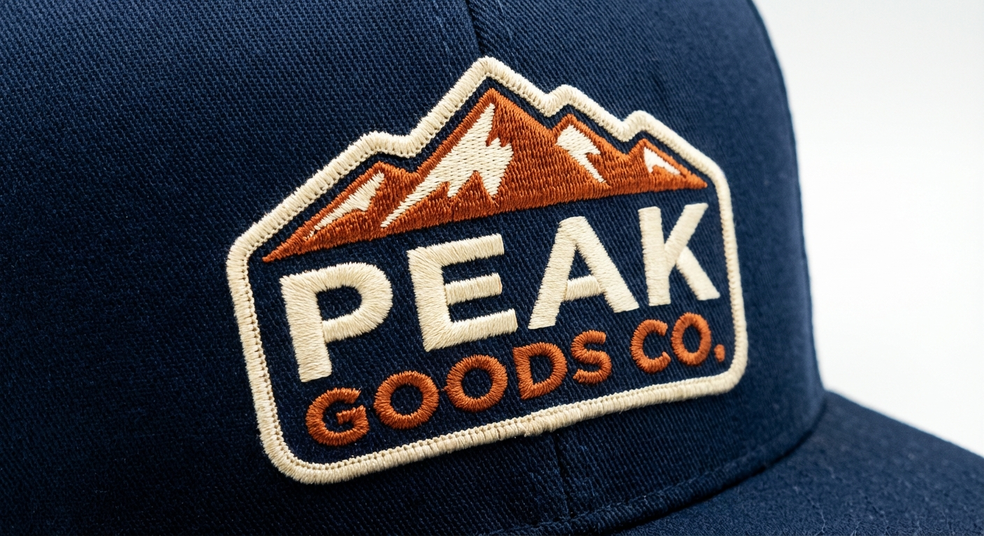 Custom embroidered hat patch on a snapback cap with raised stitching detail