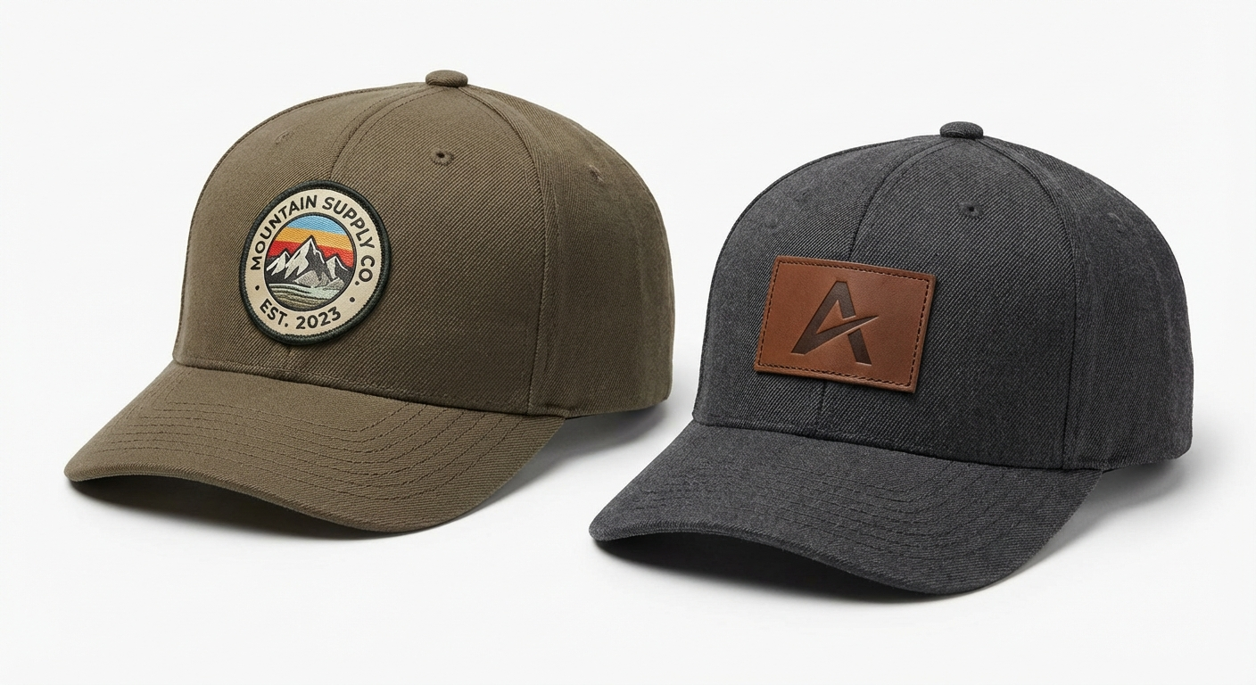 Woven patch versus leather patch for custom hats comparison showing texture difference