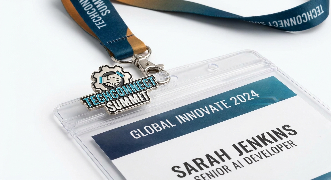 Professional conference badge with custom enamel pin for networking and event branding