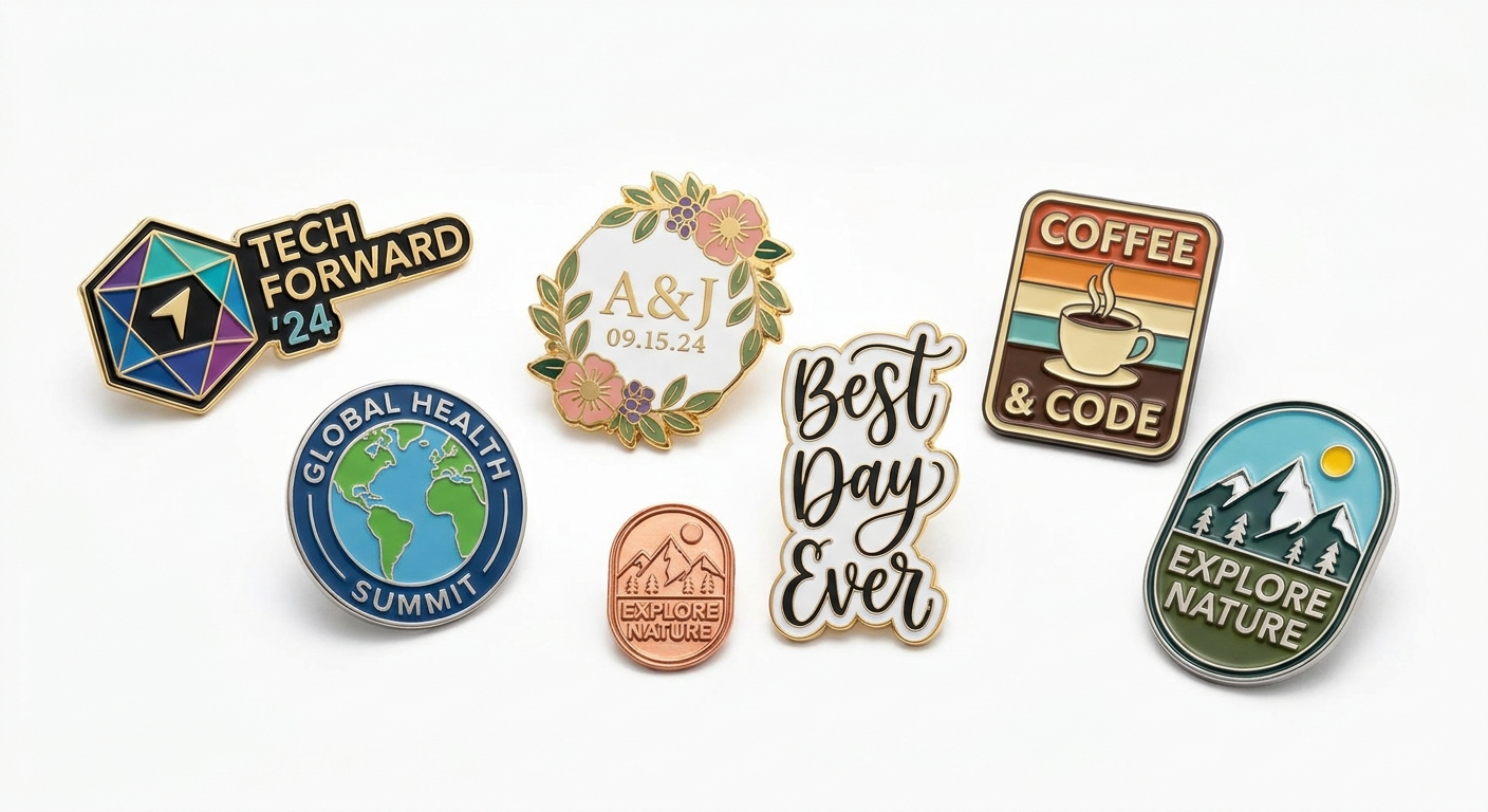 Custom enamel pins for conferences, weddings, and promotional events in various designs and finishes