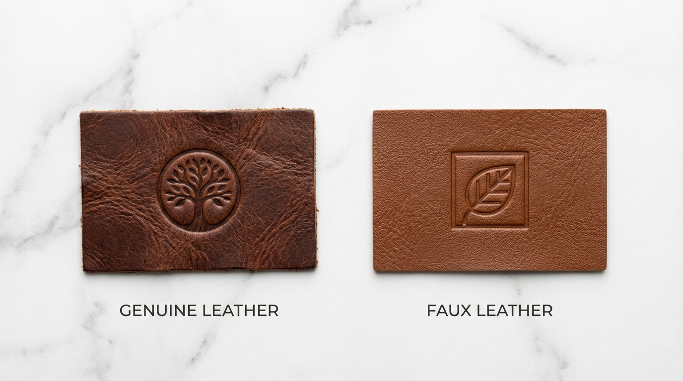 Real leather patch versus faux leather patch side by side showing texture and grain differences