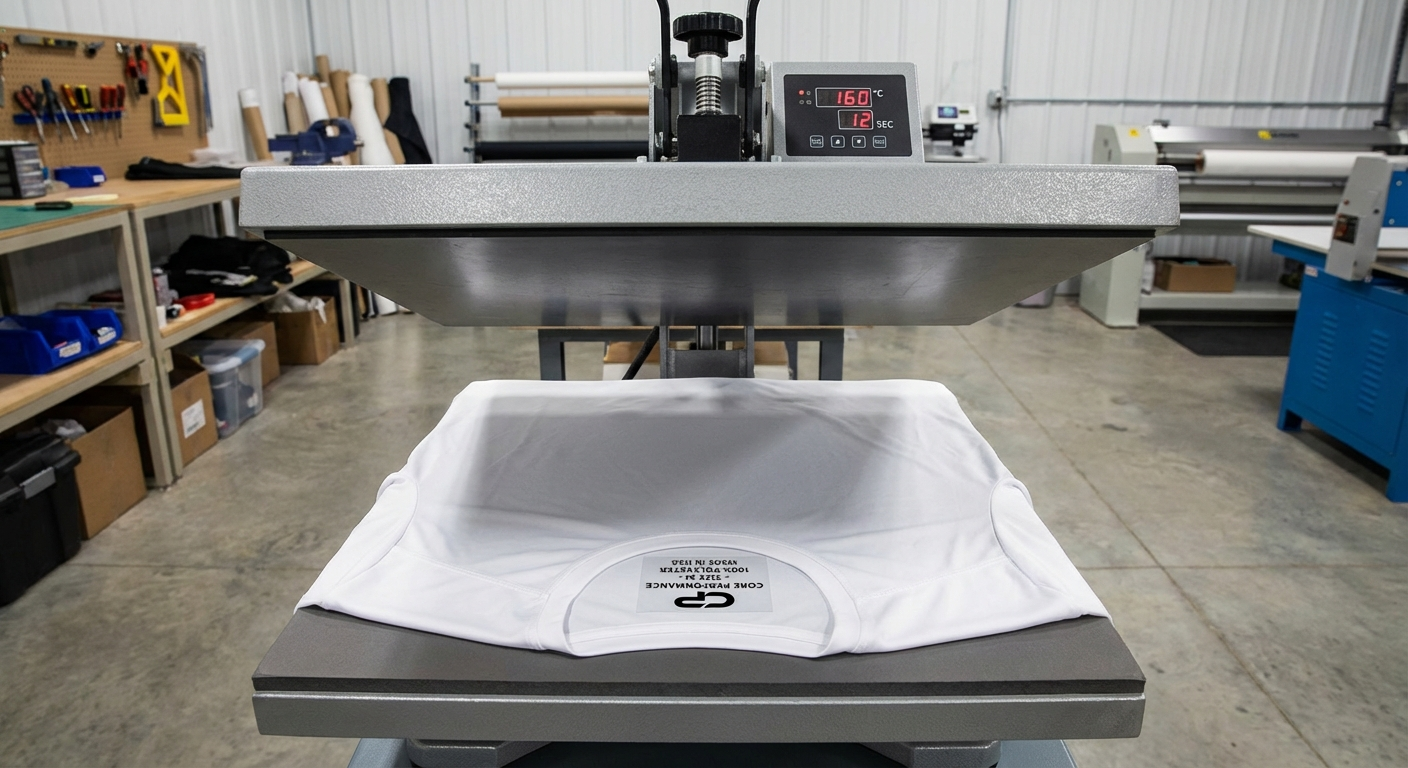 Heat transfer clothing label being applied to activewear fabric using a heat press machine