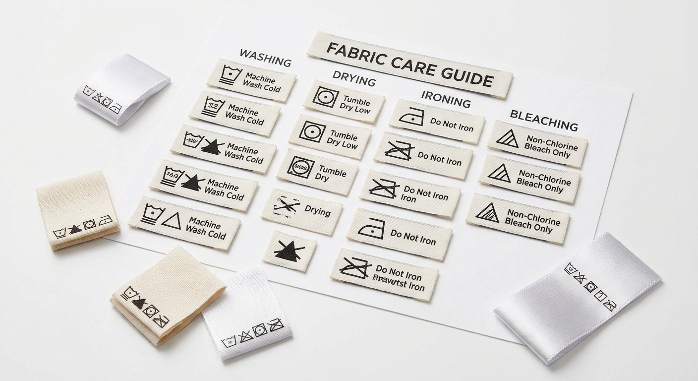 Garment care symbols guide showing proper washing and drying instructions for labeled clothingGarment care symbols guide showing proper washing and drying instructions for labeled clothing