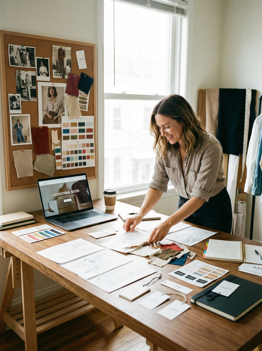 Fashion designer workspace planning clothing line startup with label samples and brand materials