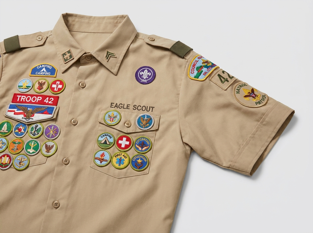 Scout uniform showing multiple merit badges and custom troop patches demonstrating professional embroidered quality