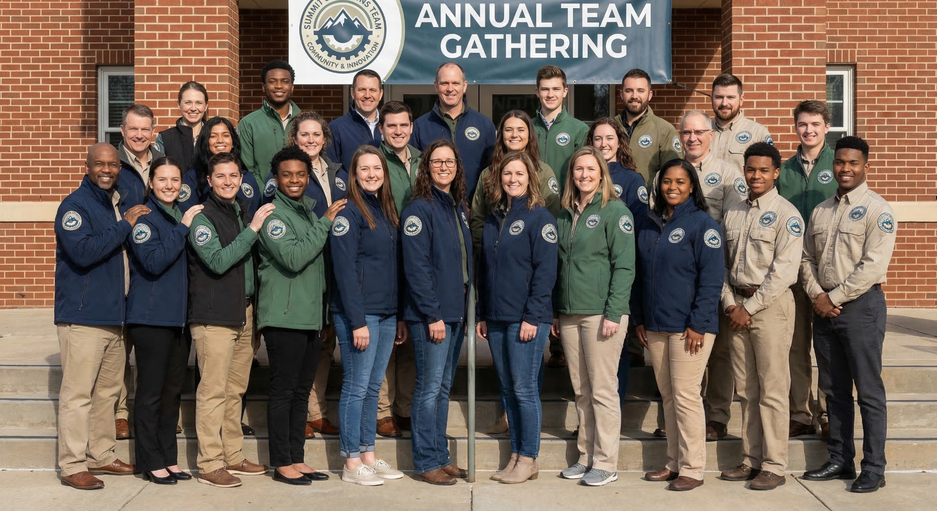 Team members wearing custom embroidered patches showing unity and organization identity
