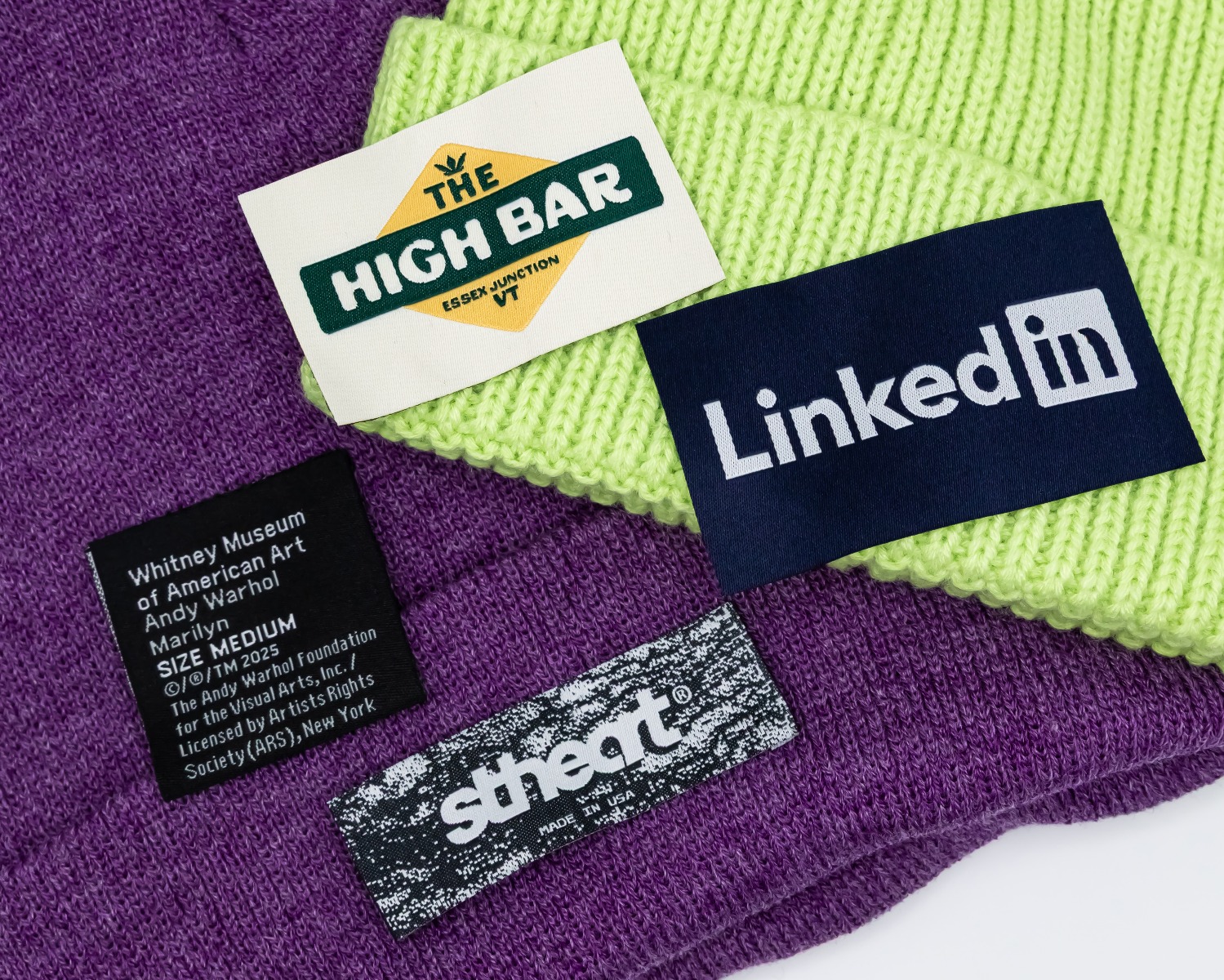 Different woven clothing labels showing detail color and uses