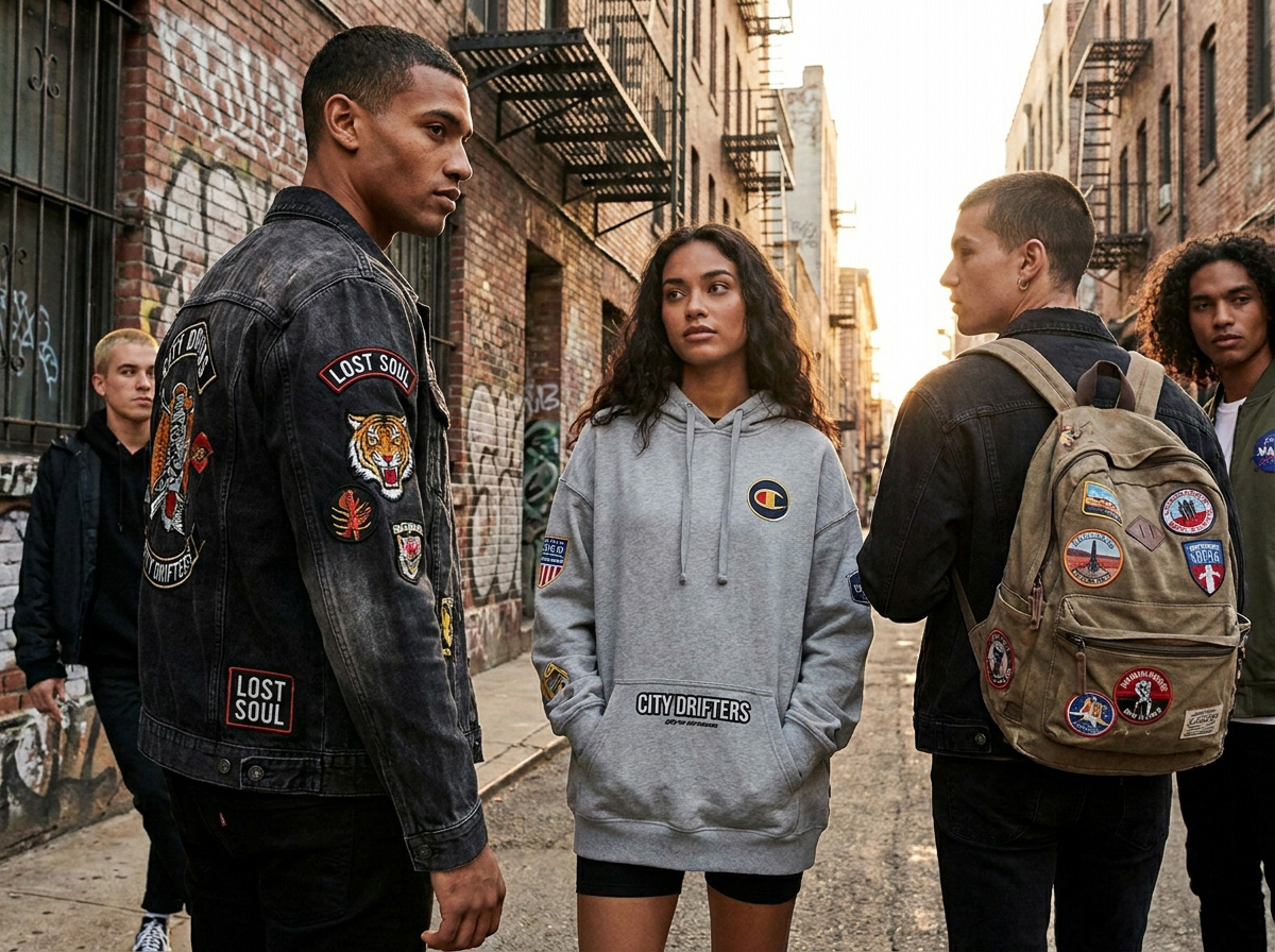 Embroidered patches on streetwear clothing showing authentic urban branding and customization culture