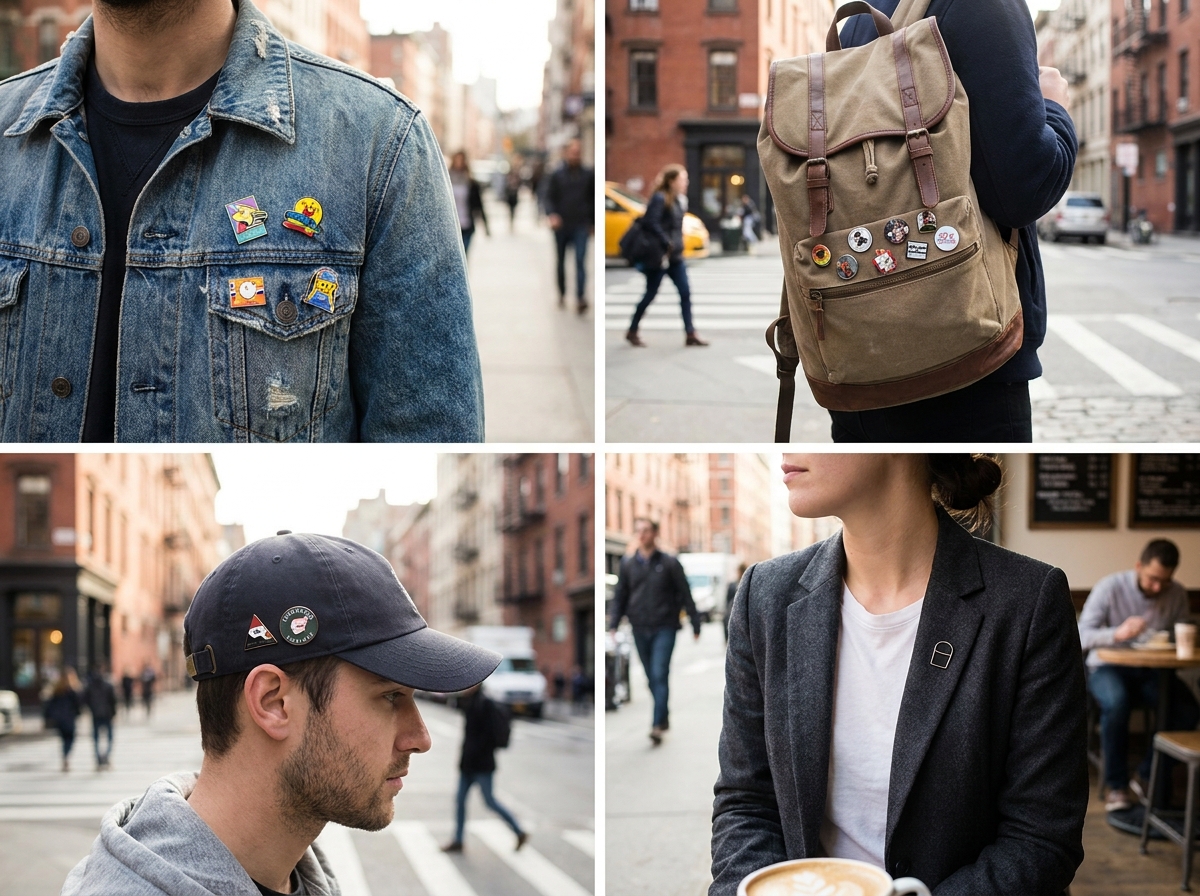 Custom enamel pins in use on denim jacket, backpack and clothing showing versatile branding applications
