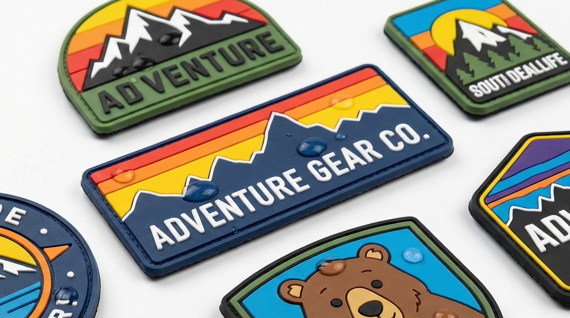 Custom PVC patches showing 3D raised rubber texture and waterproof design in various colors