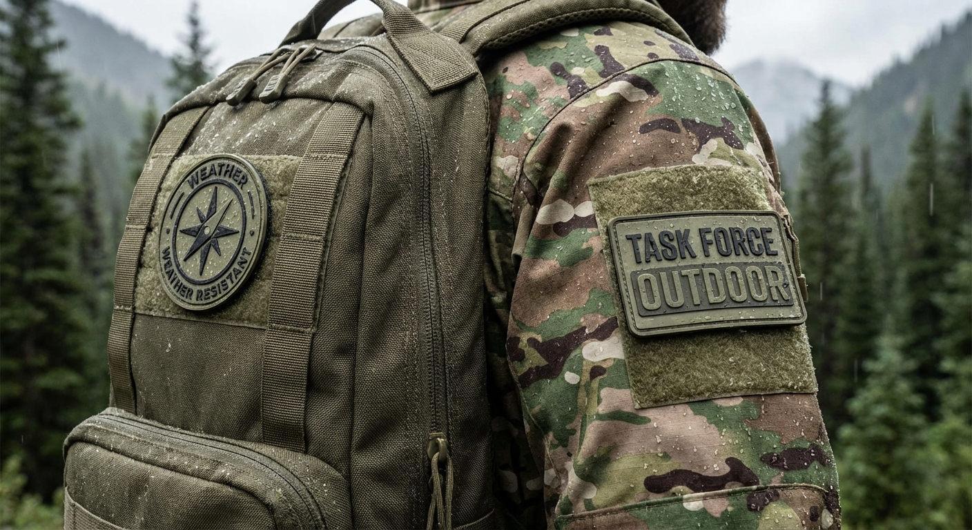 PVC patches on outdoor gear and tactical equipment showing weather resistance and durability