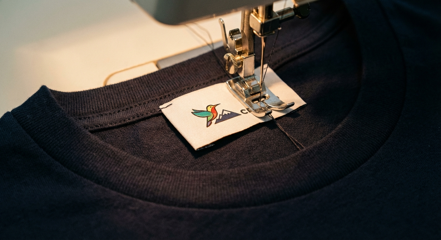 Custom woven logo label sewn into the neck of a garment showing thread detail and center fold attachment