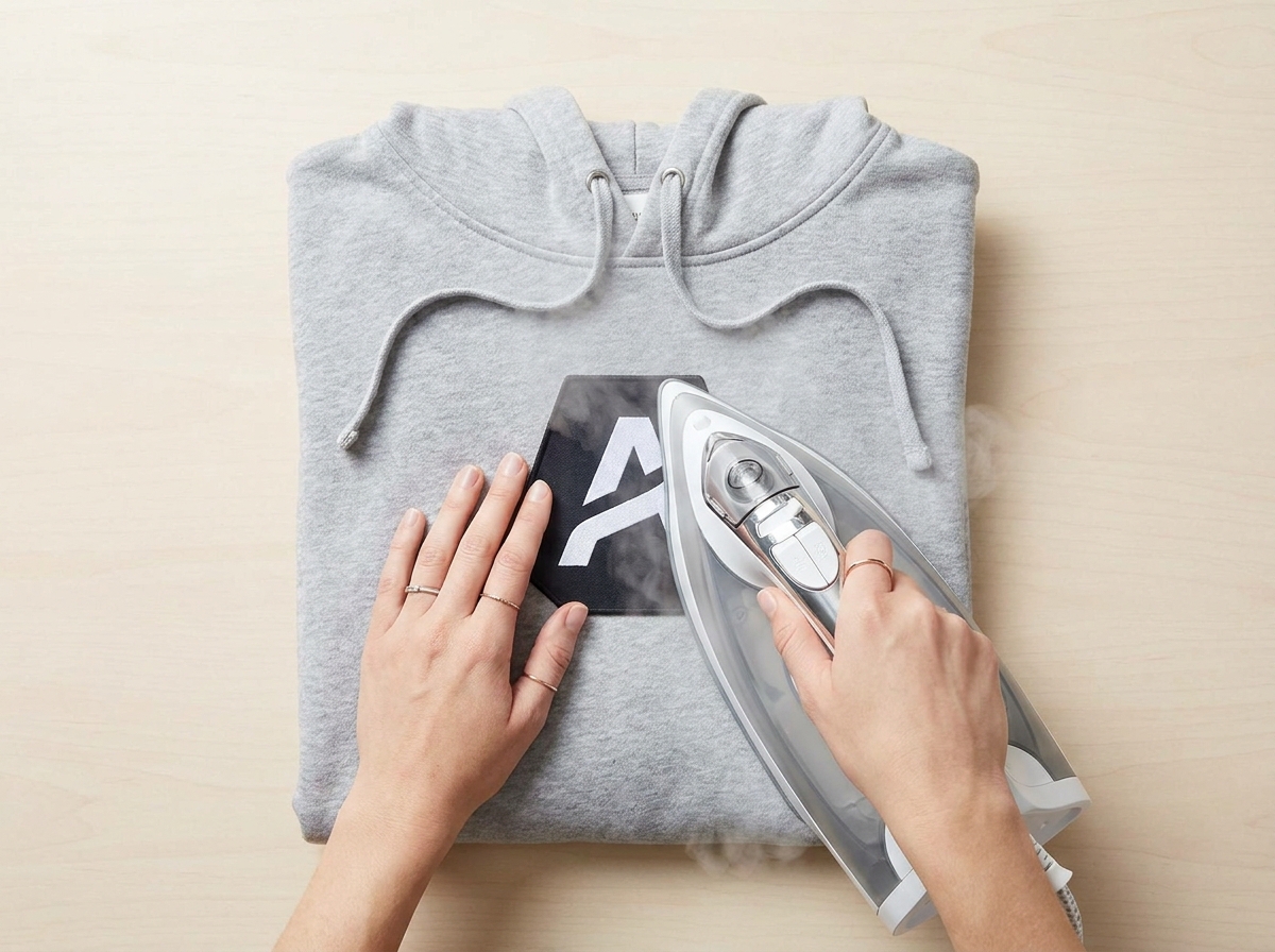 Applying an adhesive backing iron-on patch to a hoodie
