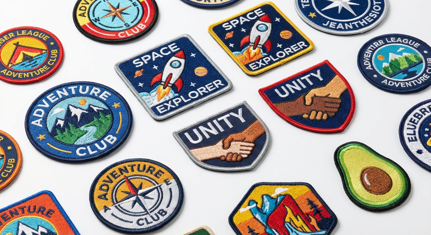 Collection of custom embroidered patches in various shapes and colors laid out on white surface
