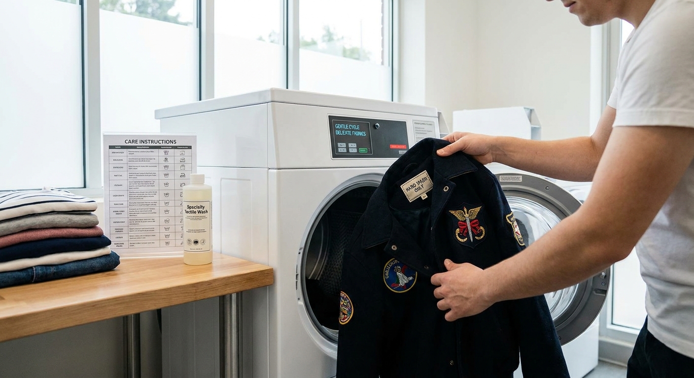 Proper washing technique for garments with custom woven labels and embroidered patches showing gentle care methods