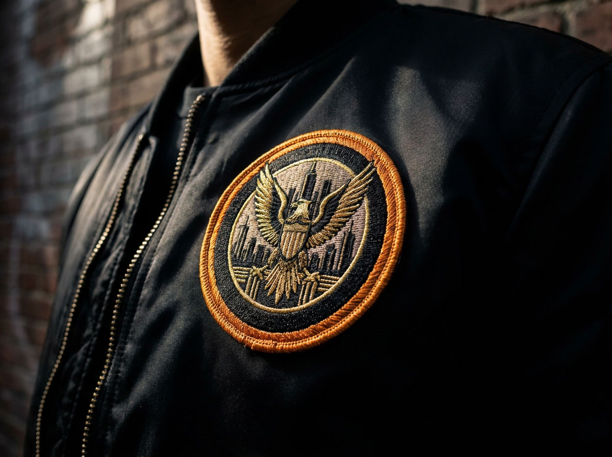 Embroidered patch applied to a streetwear jacket showing dimensional thread texture