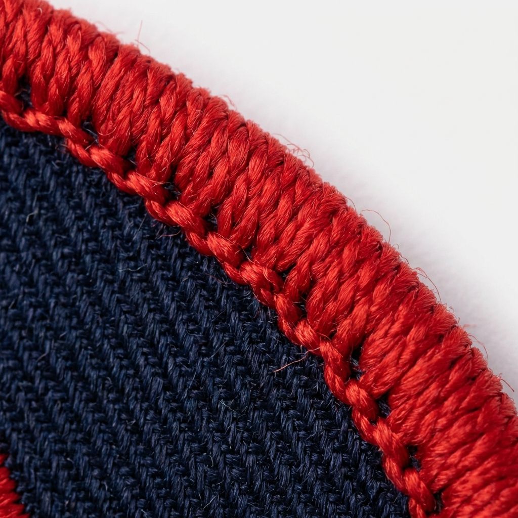Close-up of merrowed edge showing thread wrapped around patch perimeter
