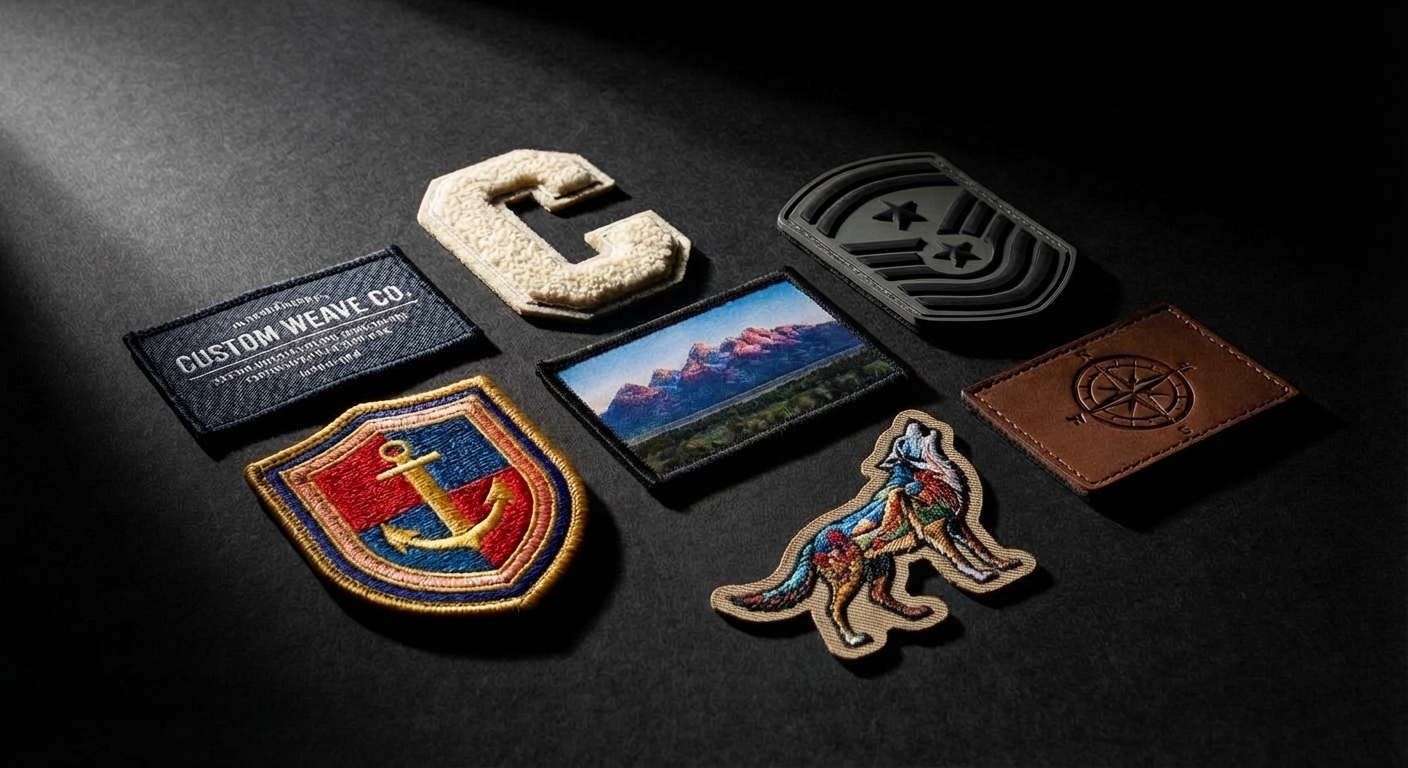Collection of custom patch types including embroidered, woven, chenille, sublimation, PVC, and leather patches arranged on dark surface
