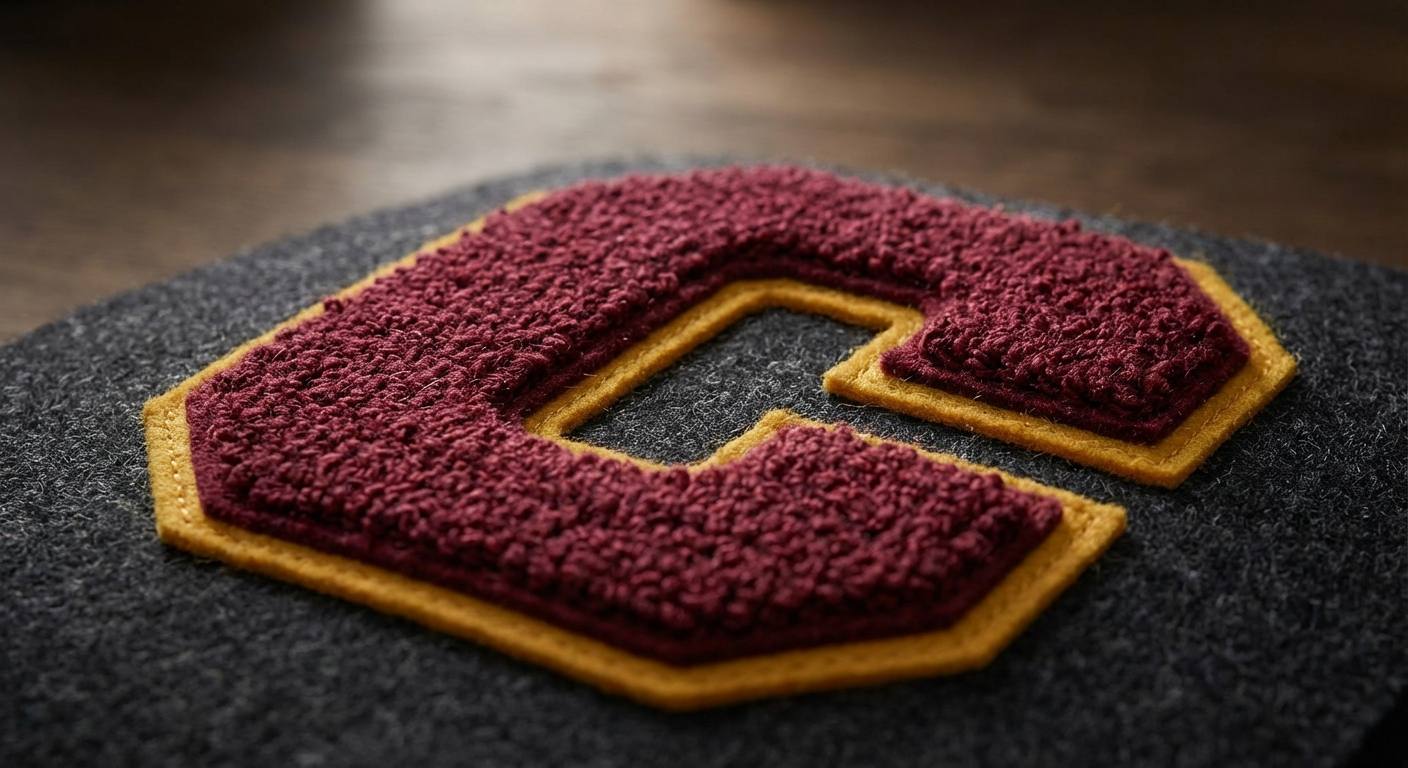 Close-up of custom chenille patch showing plush fuzzy yarn texture in letterman style