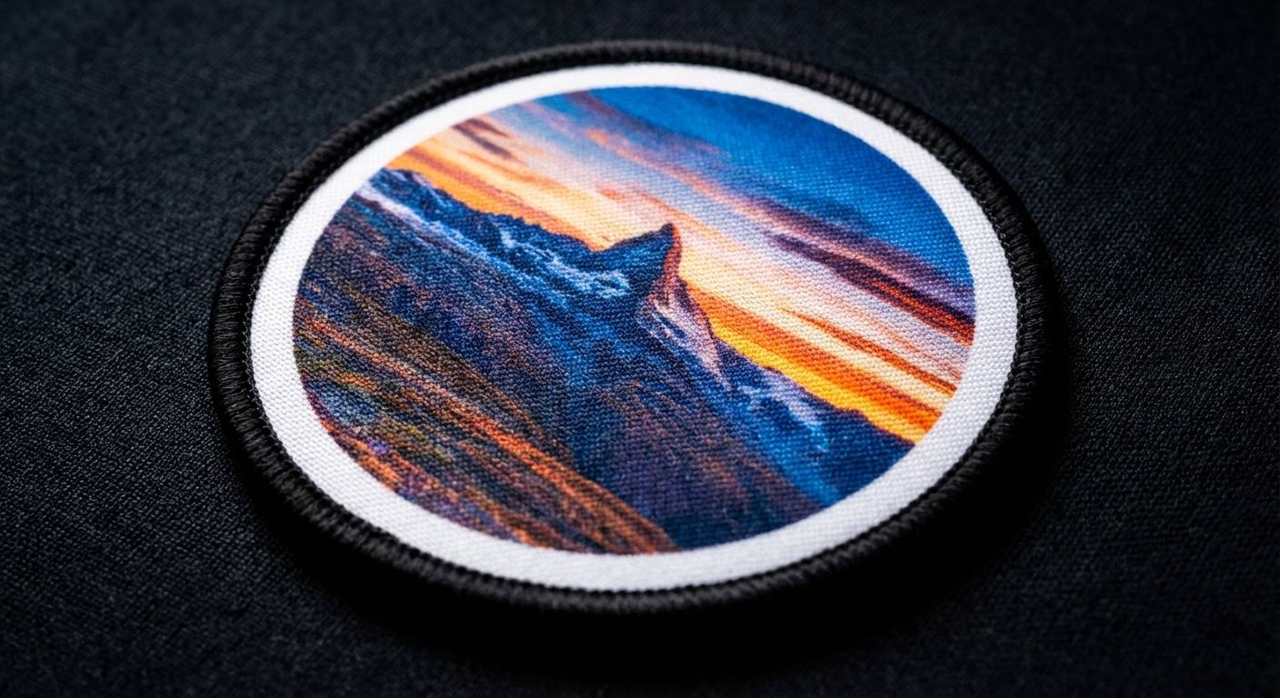 Close-up of custom sublimation patch showing full-color photographic print quality