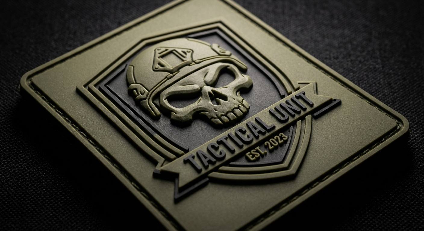 Close-up of custom PVC rubber patch showing 3D raised tactical design