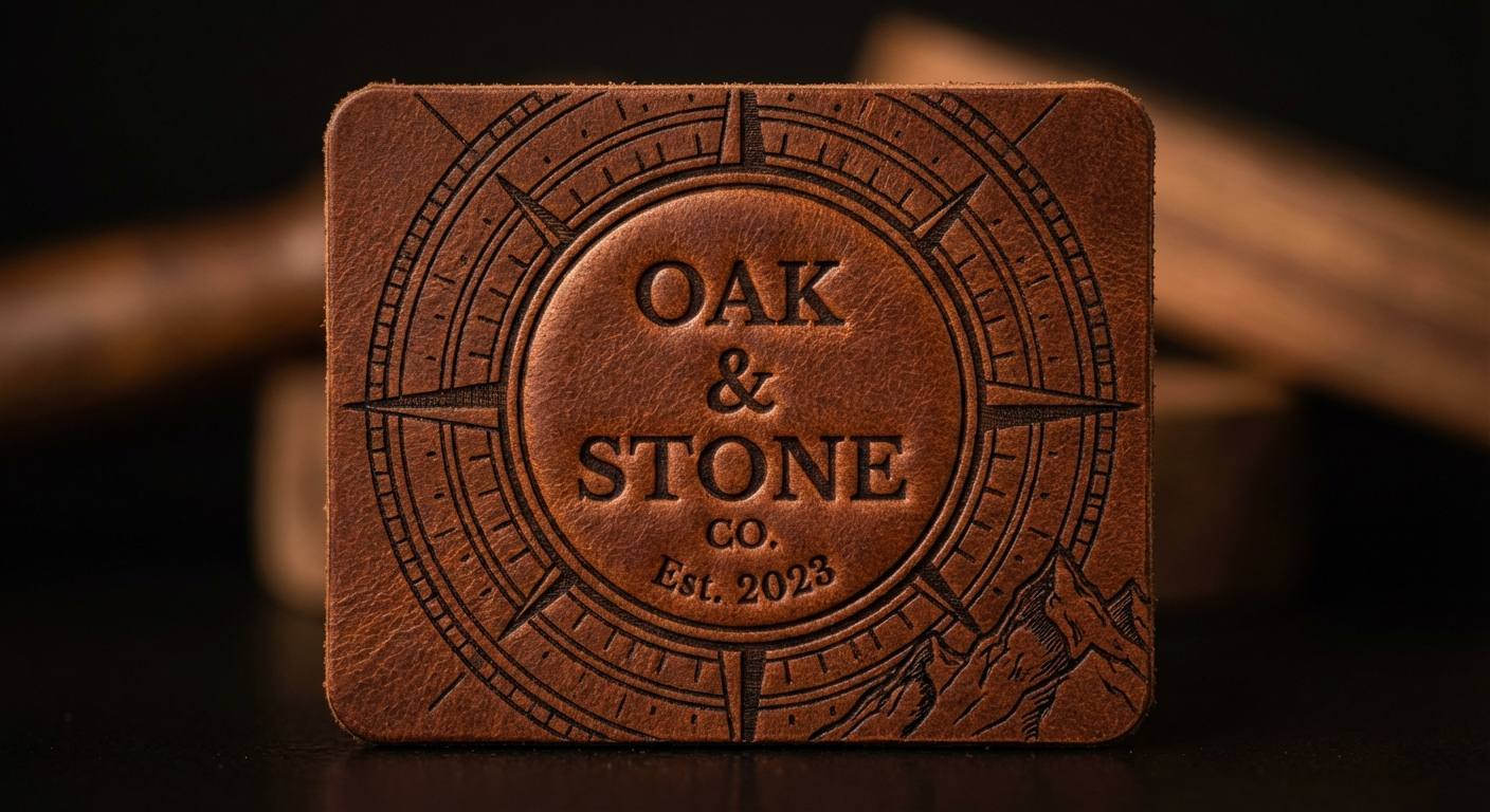 Close-up of custom leather patch showing debossed and laser-engraved design on natural leather