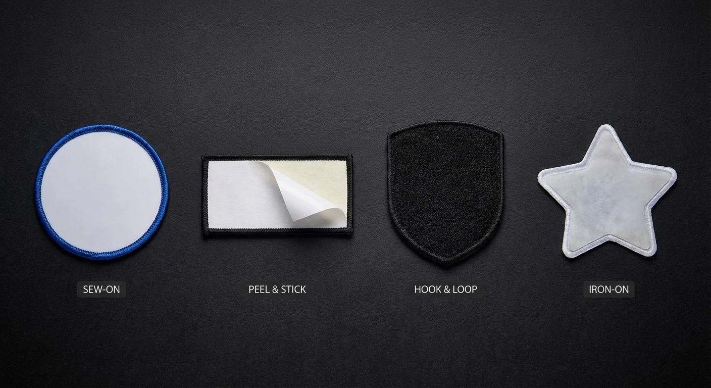 Comparison of four custom patch backing types: sew-on plastic backing, peel and stick adhesive, hook and loop, and iron-on