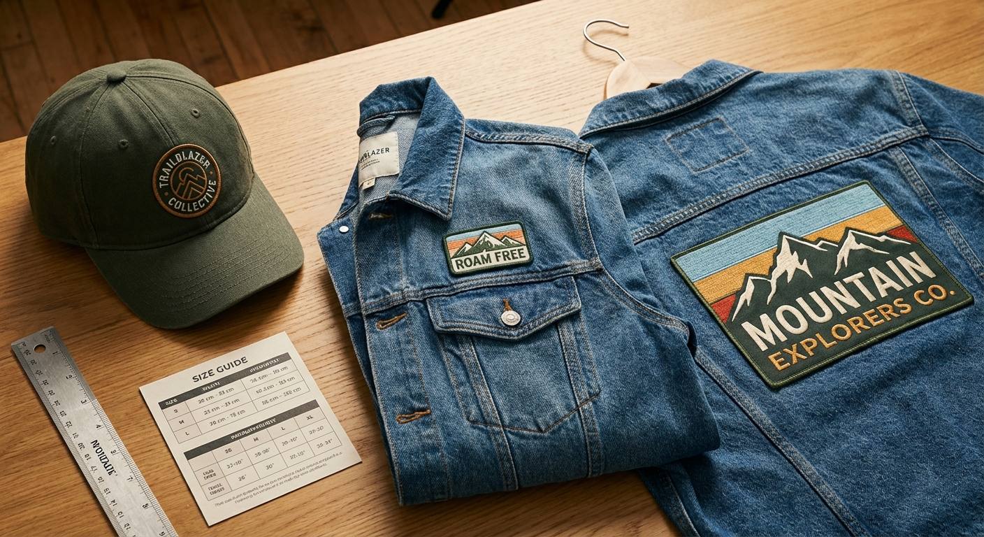 Custom patches shown on different garments illustrating proper sizing for hats, jacket chest, and jacket back