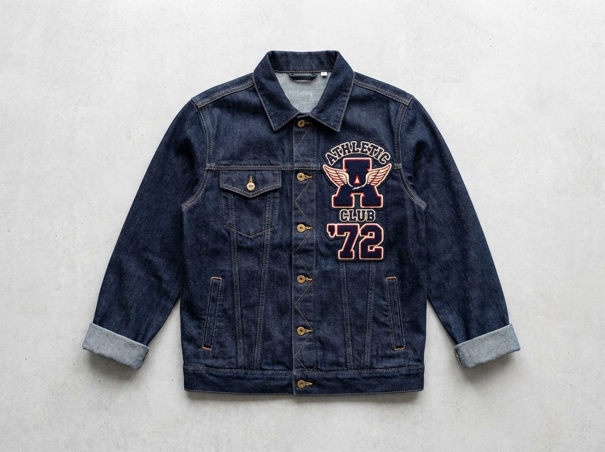 Sew-on embroidered patch stitched onto a denim streetwear jacket