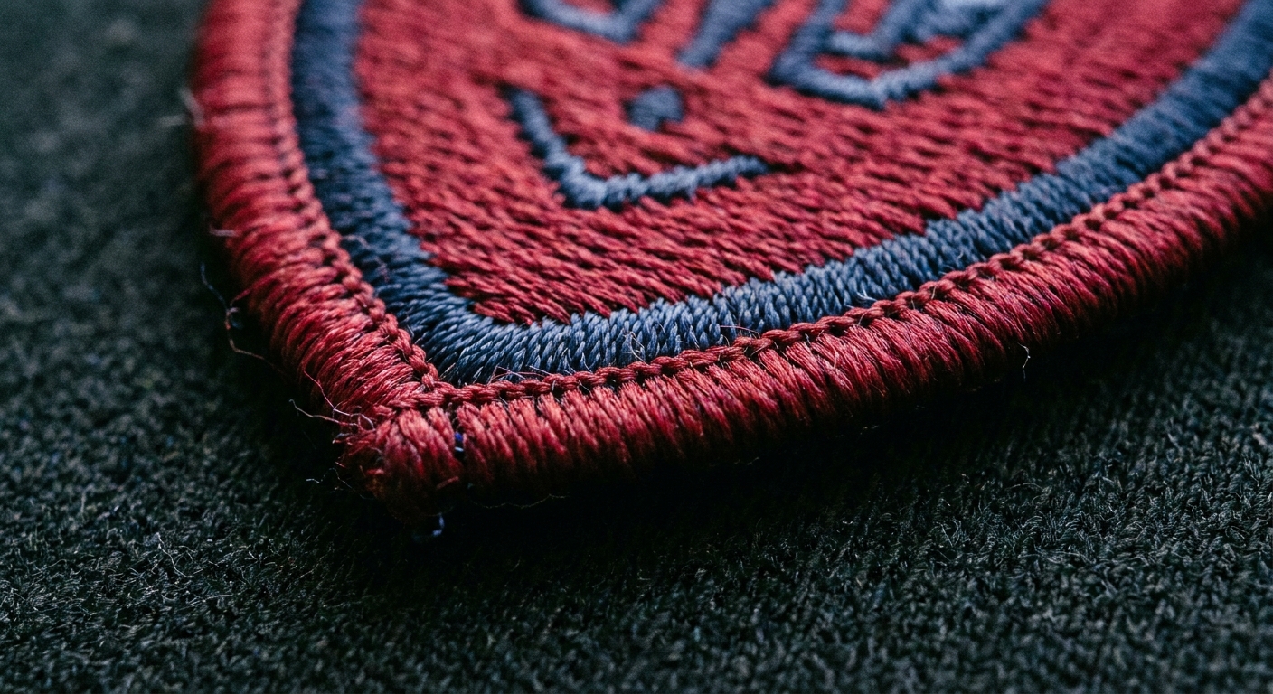 Close-up of merrow border edge finishing on a custom embroidered patch