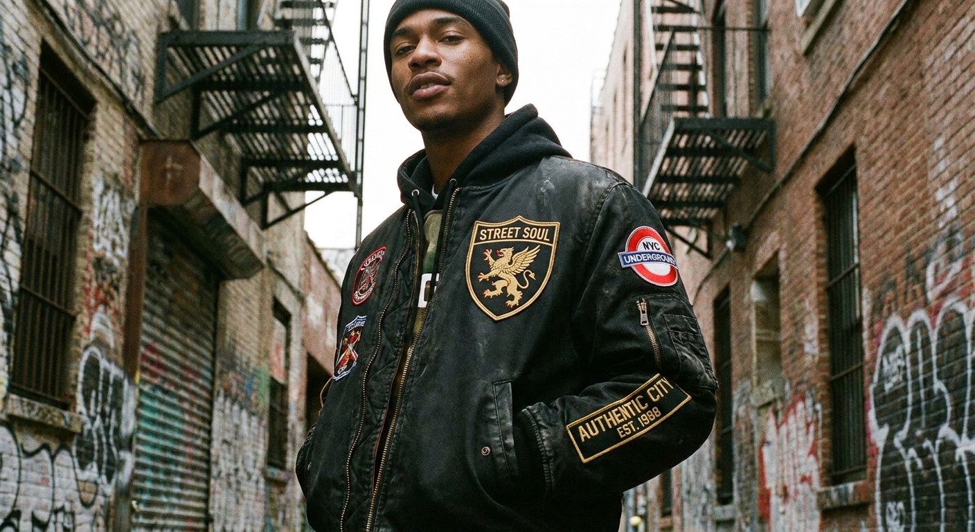 Streetwear jacket with custom embroidered patches on chest, sleeve, and back panel