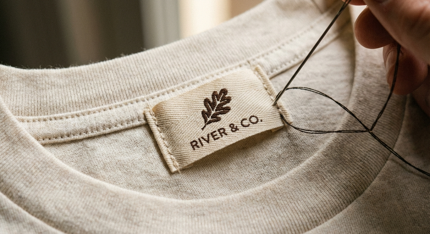 Custom woven label being sewn into clothing garment neckline